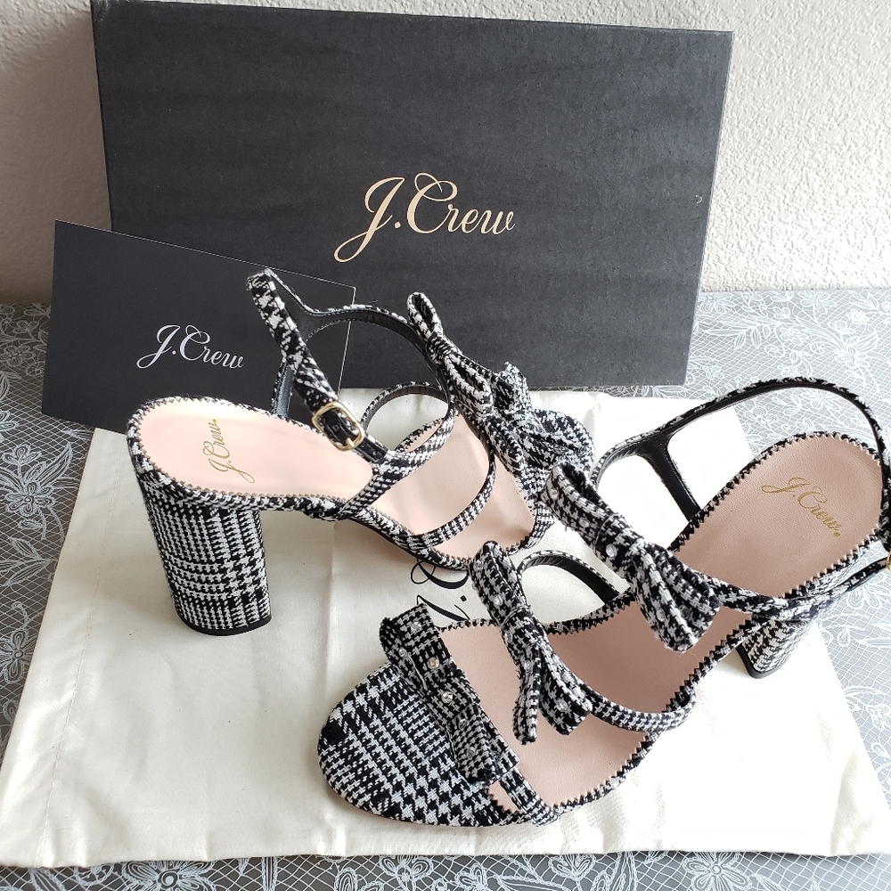 J CREW stella bow sandals glen plaid block heel